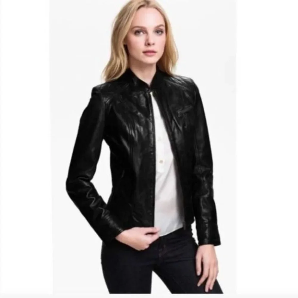 Bod & Christensen Diamond Quilted Shoulder Leather Moto Jacket Large - Picture 12 of 13